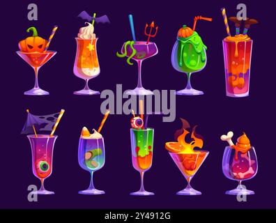 Cartoon Halloween cocktails or monster drinks with magic potion for horror night holiday, vector icons. Halloween trick or treat party cocktails with pumpkin and spooky slime or zombie eye and fingers Stock Vector