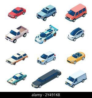 A vector illustration of Different Cars Vehicles Isometric Stock Vector