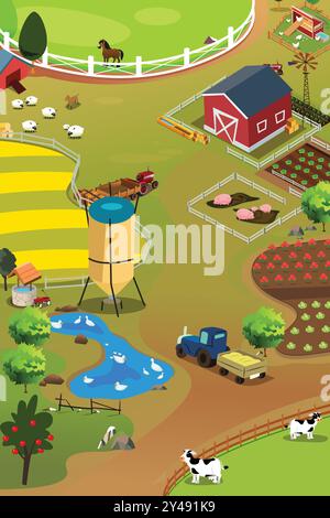 A vector illustration of Isometric Map of a Farm Stock Vector
