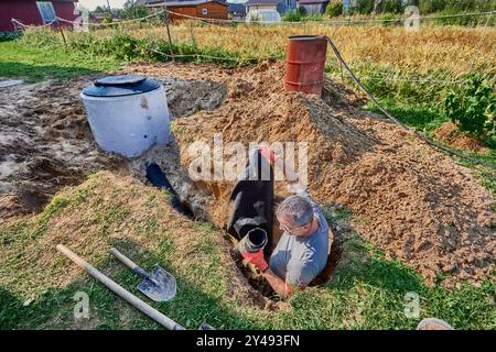 Installation of wastewater plumbing for absorption trenches, worker lays geotextile and perforated sewer drain pipe in trench. Stock Photo