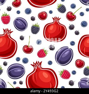 Vector Berry Seamless Pattern, decorative background with different cartoon berries for wrapping paper or bed linen, square placard with berry fruits Stock Vector