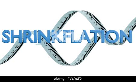 3d rendering of the word "SHRINKFLATION" and a coiled measuring tape with black markings. Stock Photo