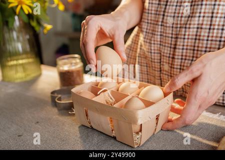 Close-up of woman's hand holding egg over basket with several eggs, kitchen background. Fresh organic eggs concept Stock Photo