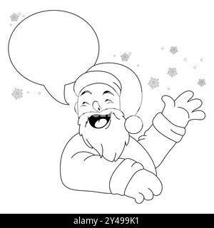 Santa Claus with speech bubble. Happy Christmas cartoon Santa Claus character. Black and white coloring page. Stock Photo