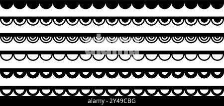 Scalloped edge seamless strokes set. Simple scalloped border. Fabric laces silhouette. Repeat cute vintage frill ornament. Texture ribbons. Vector Stock Vector