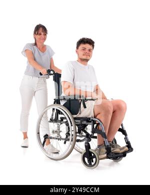 black wheelchair in front of white background Stock Photo