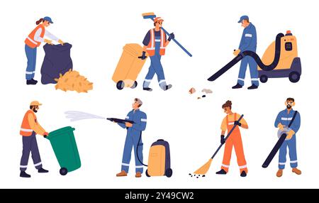 City cleaners. Street wipers collect garbage. People gathering urban trash. Waste containers and recycle vacuum devices. Janitors with dustbins and Stock Vector