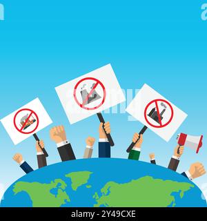 Hands holding placards with red prohibition sign: no factories allowed Stock Vector