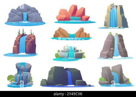 Cartoon waterfalls. Beautiful river cascades. Water flowing down in mountains. Stream on stones and cliffs. Wild nature rocks. Creek falling. Scenic Stock Vector