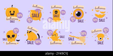 Halloween Sale Banners with Spooky Icons and Discount Tags on Purple Background Stock Vector