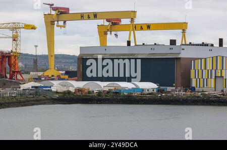 Belfast, United Kingdom. Sep 16, 2024 : The shipping yard Harland & Wolff, builder of Titanic, is entering administration, a UK insolvency procedure, for 2d time in 5 years. Since its establishment in 1861, 2,000 ships, offshore vessels or steel structures rose in H&W shipyards. Shipbuilding & ship repair has been a major part of the Northern Ireland's port industrial history. Recently, the famous company has suffered delays on Odyssey, the residential ship of Villa Vie Residences, waiting for months to start endless cruise, circumnavigating every 3,5 years.Credit: Kevin Izorce/Alamy Live News Stock Photo