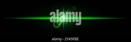 Green neon stripes or light flash with star. Laser beams, horizontal beams. Beautiful light reflections. Glowing stripes on a black background. Stock Vector