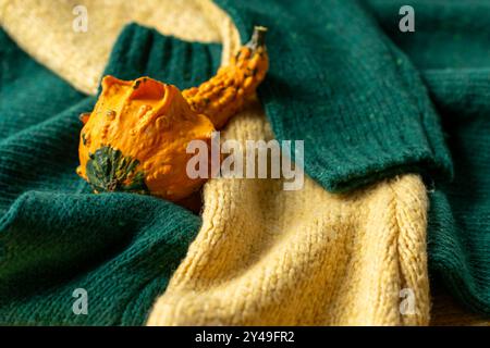 Orange pumpkin near a stack of knitted sweaters on a knitted blanket. Stock Photo