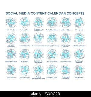 Social media content calendar soft blue concept icons Stock Vector