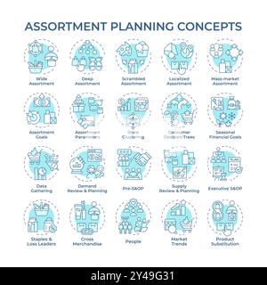 Assortment planning soft blue concept icons Stock Vector