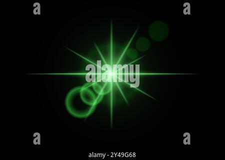 Green neon stripes or light flash star. Laser beams, horizontal beams. Beautiful light reflections. Glowing stripes on a black background. Stock Vector
