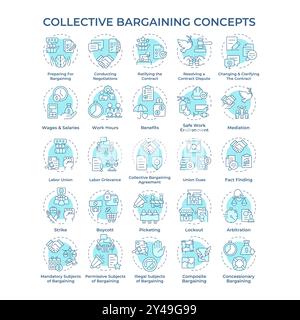 Collective bargaining soft blue concept icons Stock Vector