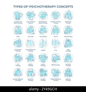 Types of psychotherapy soft blue concept icons Stock Vector