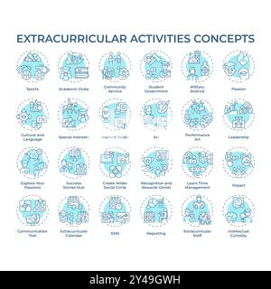 Extracurricular activities soft blue concept icons Stock Vector