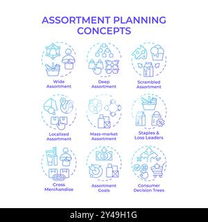 Assortment planning blue gradient concept icons Stock Vector