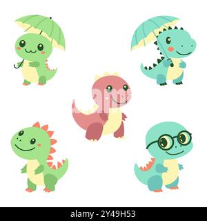 Set of Cute Baby Dinosaur Mascot Cartoon Character Playing While Smiling Stock Vector