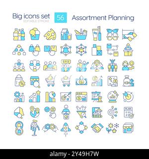 Assortment planning RGB color icons set Stock Vector