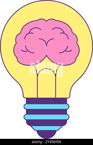 Y2k light bulb with brain contemporary pop art psychedelic contoured icon vector flat illustration. Illuminated lightbulb innovation idea knowledge in Stock Vector