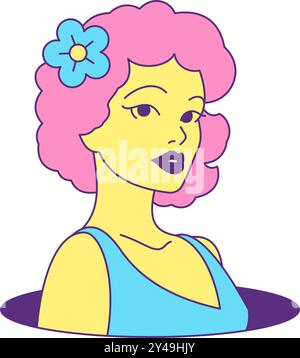 Y2k comic woman portrait with flower in hair at hole contoured icon vector flat illustration. Beautiful retro groovy female psychedelic contemporary p Stock Vector