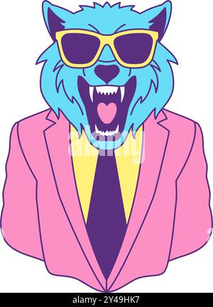 Y2k psychedelic roaring wolf businessman in sunglasses funky contoured icon vector flat illustration. Comic angry wild predator fashion animal in eyeg Stock Vector