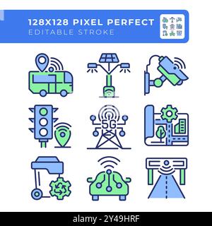 Urban city planning pixel perfect RGB color icons set Stock Vector