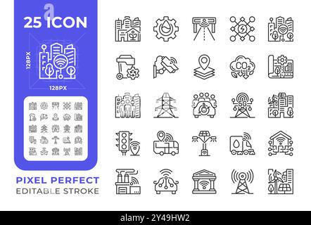 Smart city pixel perfect linear icons set Stock Vector