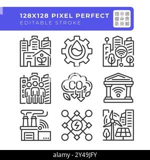 Green city pixel perfect linear icons set Stock Vector
