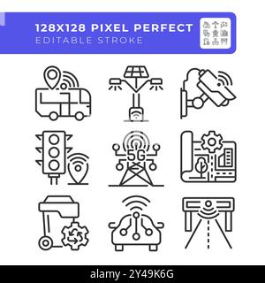 Urban city planning pixel perfect linear icons set Stock Vector