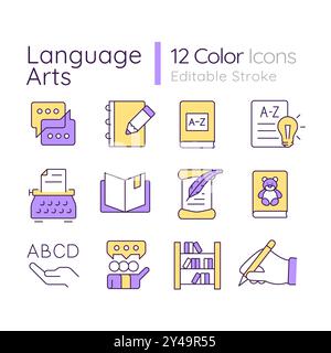 Language arts RGB color icons set Stock Vector