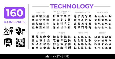 Technology glyphs icon set collection Stock Vector