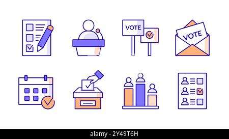 Collection of election day icons. Voting colorful elements in outline style with editable stroke. Vector illustration Stock Vector