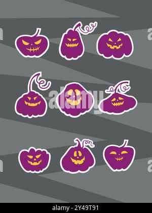 Pumpkin stickers set. Cute and scary Halloween pumpkin monster collection. Holidays cartoon character in flat style. Holydays magics elements on a gre Stock Vector