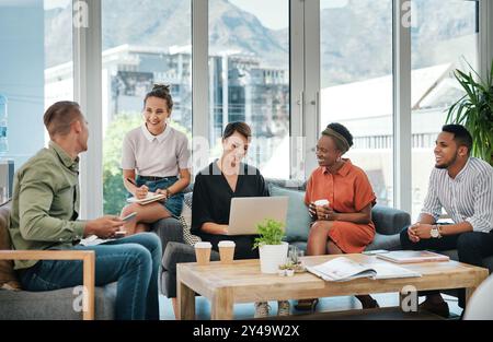 Creative, collaboration and business people with discussion on sofa for design strategy, online campaign and web layout. Graphic designer, team or Stock Photo