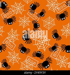 Seamless pattern with spiders and webs on an orange background. Vector illustration Stock Vector