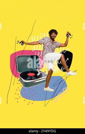 Vertical photo collage of happy man arab dance mexican occasion hold castanets retro vinyl disk player isolated on painted background Stock Photo