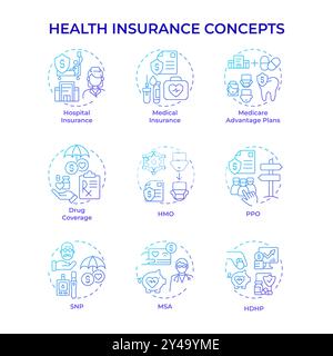 Health insurance blue gradient concept icons Stock Vector