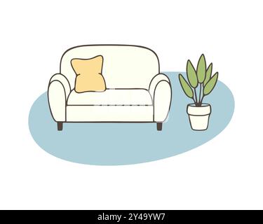 Cozy home interior with sofa with yellow pillows and an indoor flower in pot, flat design in pastel colors. Hand drawn outline drawing. Vector illustr Stock Vector