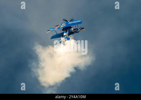 Melun Villaroche, France. 15th Sep, 2024. An aerobatic Jet Pitts aircraft in flight on September 15, 2024 in Melun-Villaroche airport. The Air legend airshow is an event that takes place every year, during the second weekend of September, at the Melun-Villaroche aerodrome, 40 km south-east of Paris, France. This exceptional show presents flight displays of legendary aircraft, which are rarely or have never been seen in France. Photo by Denis Prezat/ABACAPRESS.COM Credit: Abaca Press/Alamy Live News Stock Photo