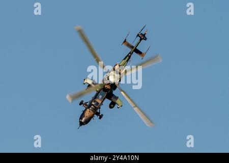 Melun Villaroche, France. 15th Sep, 2024. An Eurocopter Tiger attack helicopter in flight on September 15, 2024 in Melun-Villaroche airport. The Air legend airshow is an event that takes place every year, during the second weekend of September, at the Melun-Villaroche aerodrome, 40 km south-east of Paris, France. This exceptional show presents flight displays of legendary aircraft, which are rarely or have never been seen in France. Photo by Denis Prezat/ABACAPRESS.COM Credit: Abaca Press/Alamy Live News Stock Photo