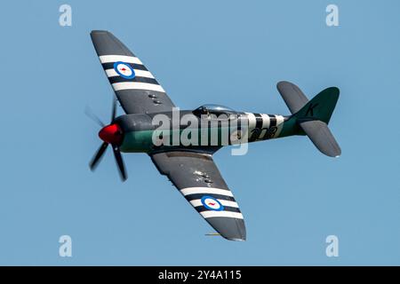 Melun Villaroche, France. 15th Sep, 2024. A Hawker Sea Fury fighter aircraft in flight on September 15, 2024 in Melun-Villaroche airport. The Air legend airshow is an event that takes place every year, during the second weekend of September, at the Melun-Villaroche aerodrome, 40 km south-east of Paris, France. This exceptional show presents flight displays of legendary aircraft, which are rarely or have never been seen in France. Photo by Denis Prezat/ABACAPRESS.COM Credit: Abaca Press/Alamy Live News Stock Photo