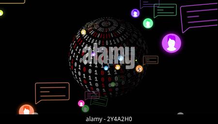 Image of ai icons and digital data processing with binary coding over globe Stock Photo