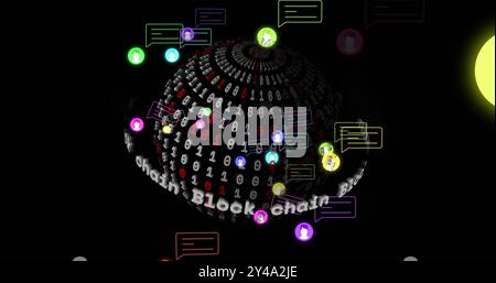 Image of block chain text, binary coding and digital data processing over globe Stock Photo
