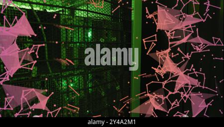 Image of pink communication networks floating over dark computer server room Stock Photo