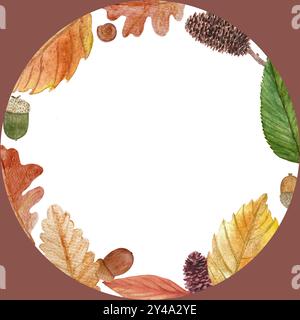 Alder leaf, its cones, oak leaf, acorn hand painted watercolor frame isolated on white. High quality illustration with different kinds of trees parts Stock Photo