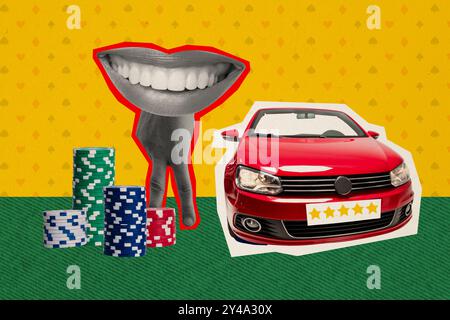 Trend artwork sketch image composite photo collage of huge human hand two finger legs mouth head roulette gambling casino win car money Stock Photo